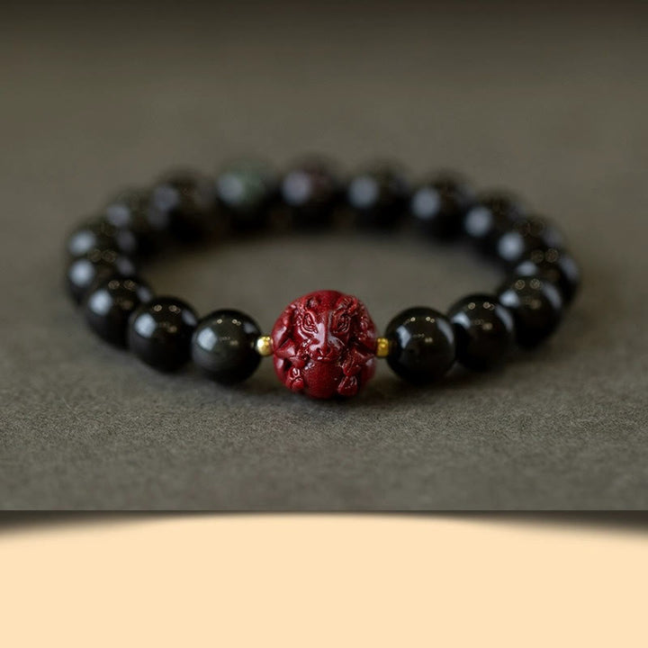 Buddha Stones十二支 天然黒曜石 辰砂 浄化ブレスレット