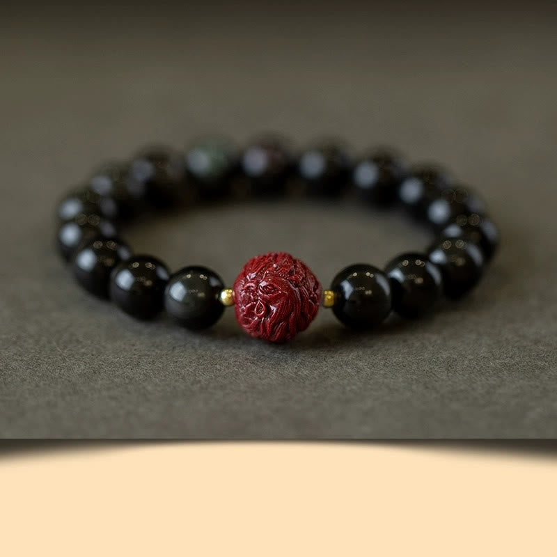 Buddha Stones十二支 天然黒曜石 辰砂 浄化ブレスレット