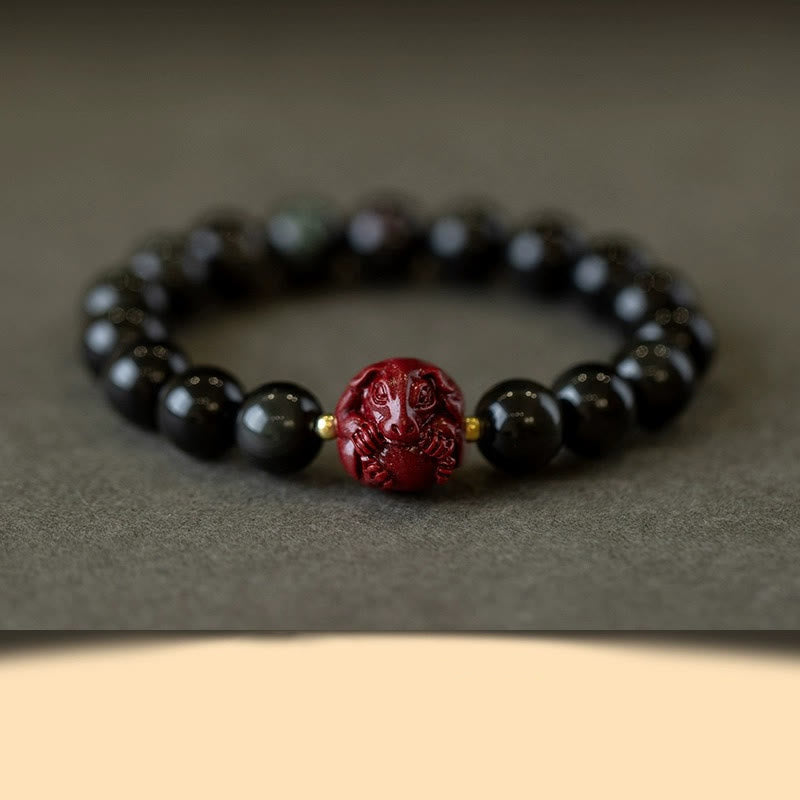 Buddha Stones十二支 天然黒曜石 辰砂 浄化ブレスレット