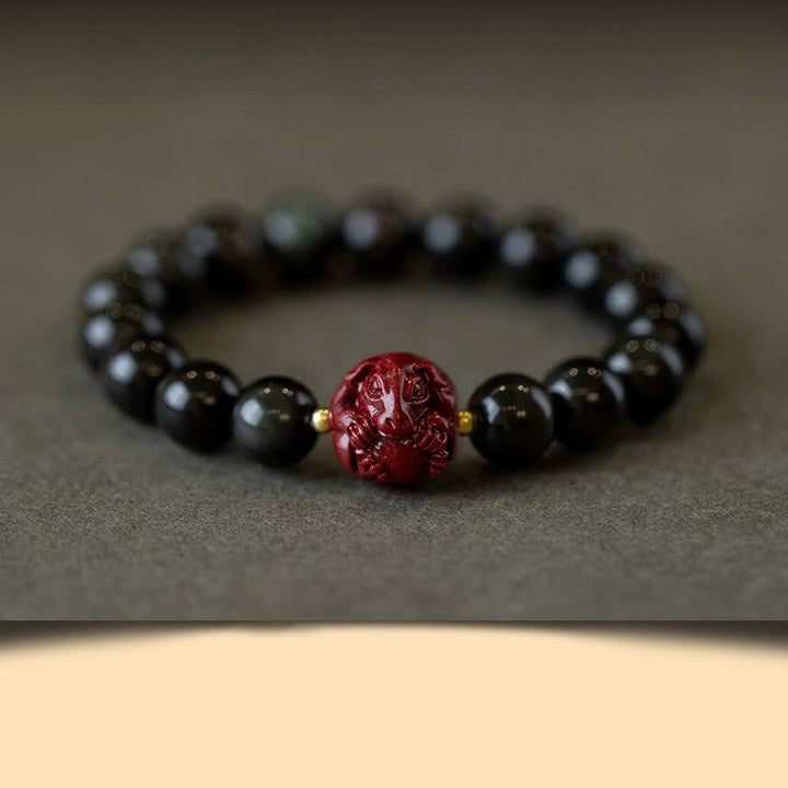 Buddha Stones十二支 天然黒曜石 辰砂 浄化ブレスレット