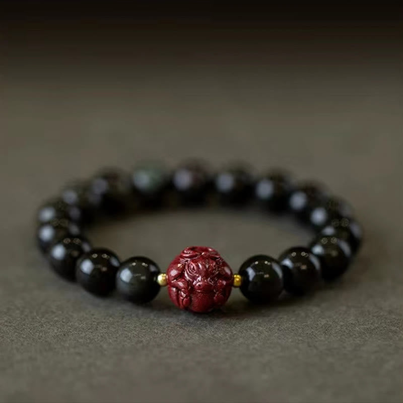 Buddha Stones十二支 天然黒曜石 辰砂 浄化ブレスレット