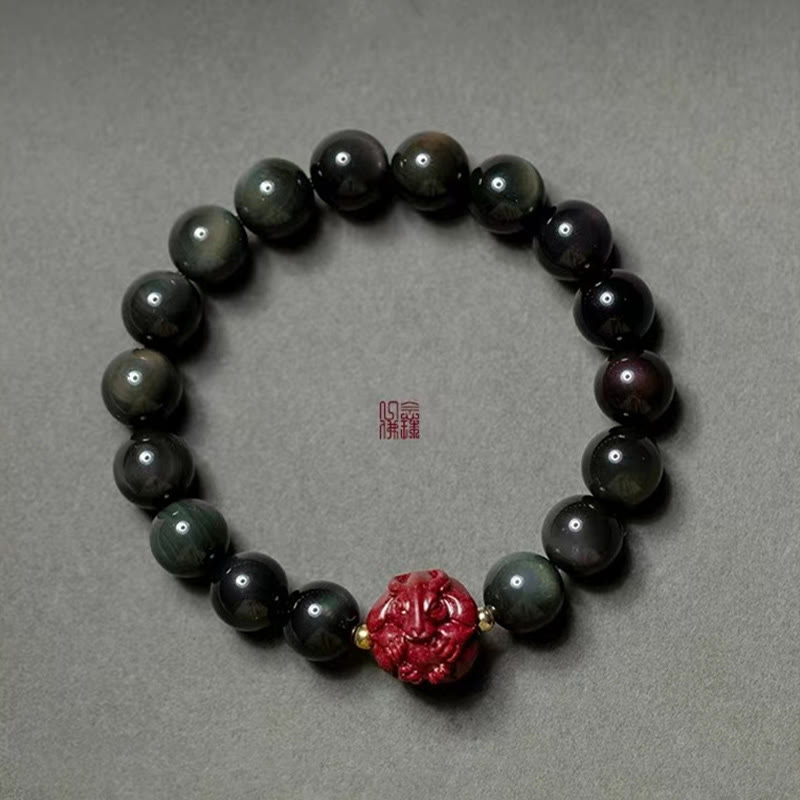 Buddha Stones十二支 天然黒曜石 辰砂 浄化ブレスレット