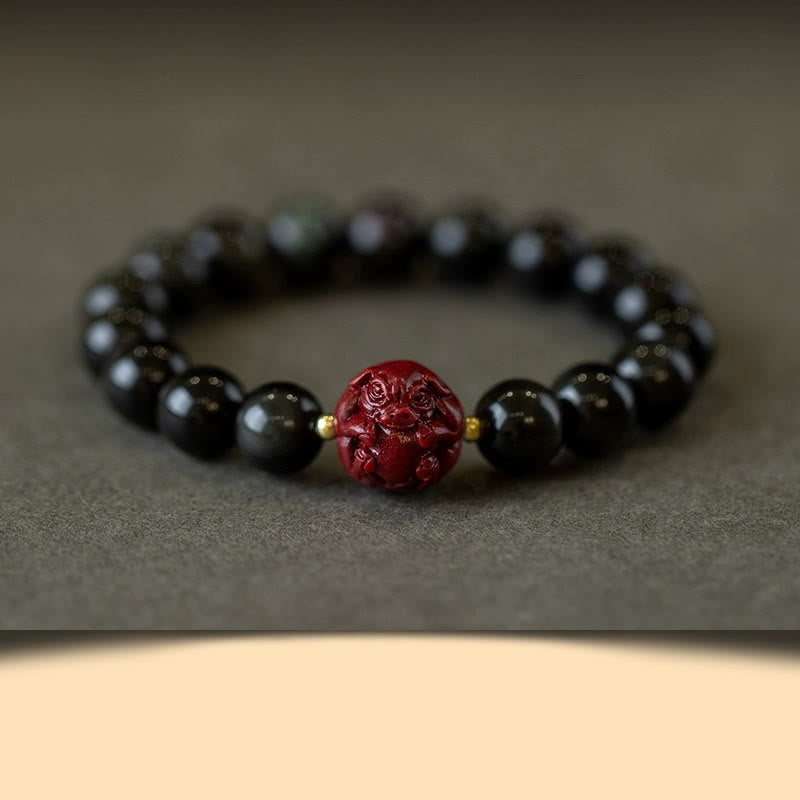Buddha Stones十二支 天然黒曜石 辰砂 浄化ブレスレット