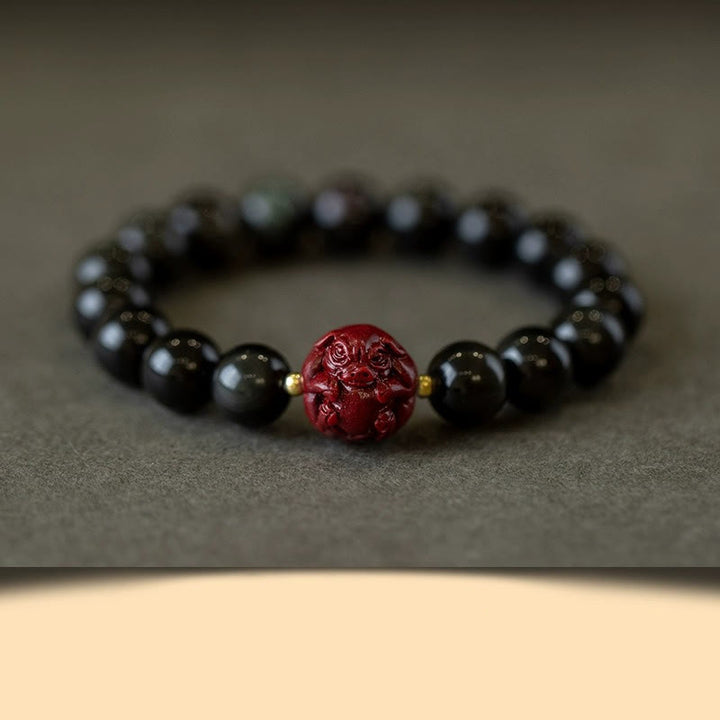 Buddha Stones十二支 天然黒曜石 辰砂 浄化ブレスレット