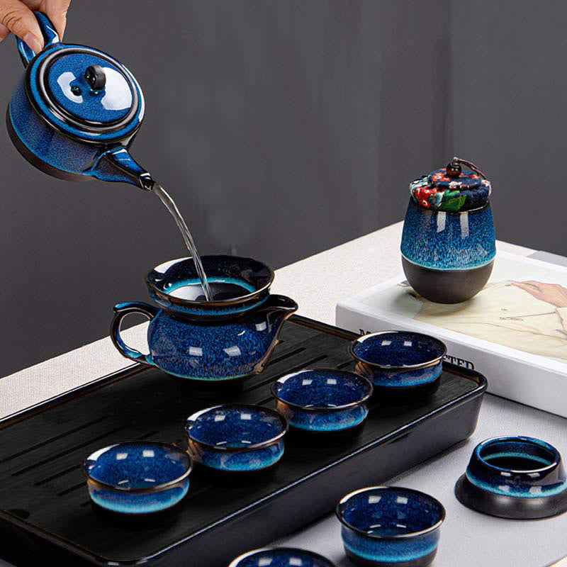 Buddha Stonesブルーグラデーションカラー 中国功夫茶 陶器ティーポット ポータブルギフトバッグボックスセット