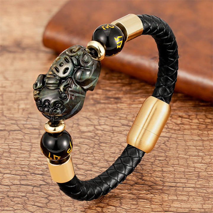 Buddha Stonesタイガーアイ ブラックオニキス レッドアゲート 貔貅 銅貨オーム・マニ・パドメ・フム強さ レザーブレスレット - 瑪瑙 - 18~22cm - image 9