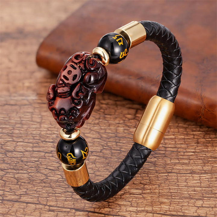 Buddha Stonesタイガーアイ ブラックオニキス レッドアゲート 貔貅 銅貨オーム・マニ・パドメ・フム強さ レザーブレスレット - レッドタイガーアイ - 18~22cm - image 12