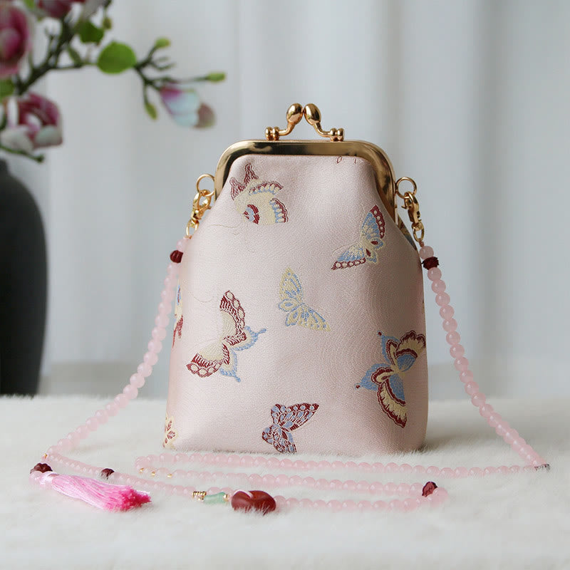 Buddha Stonesのレトロな中国刺繍パールチェーンクロスボディバッグショルダーバッグ - ピンクの蝶 14×6×18cm - image 30