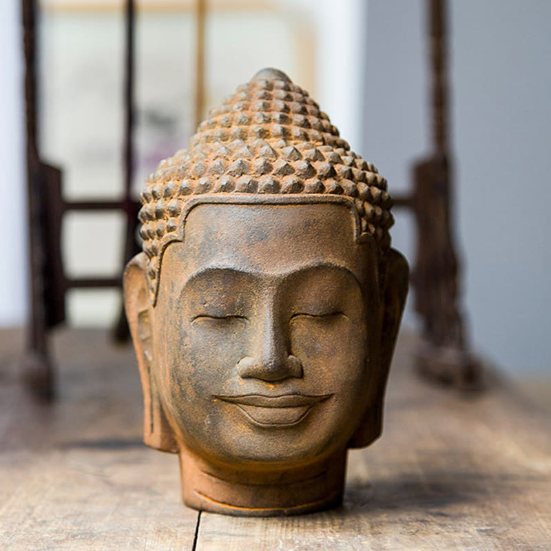 Buddha Stones目を閉じて瞑想する仏頭 鉄粉錆鋳造樹脂像 室内装飾