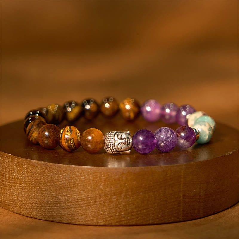 Buddha Stones天然ブラックオニキス ホワイトストーン グリーンアベンチュリン タイガーアイアゲート ミックスカラー 仏陀頭守護ブレスレット