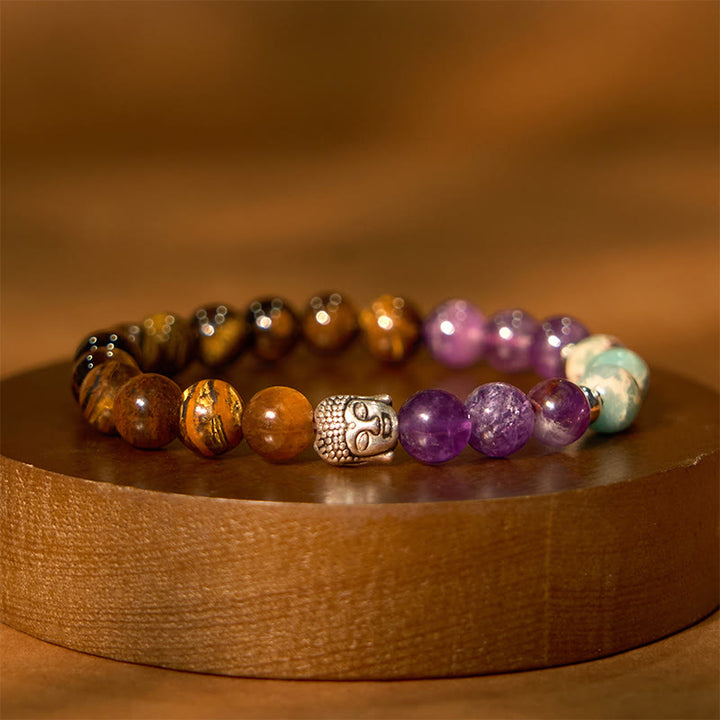 Buddha Stones天然ブラックオニキス ホワイトストーン グリーンアベンチュリン タイガーアイアゲート ミックスカラー 仏陀頭守護ブレスレット