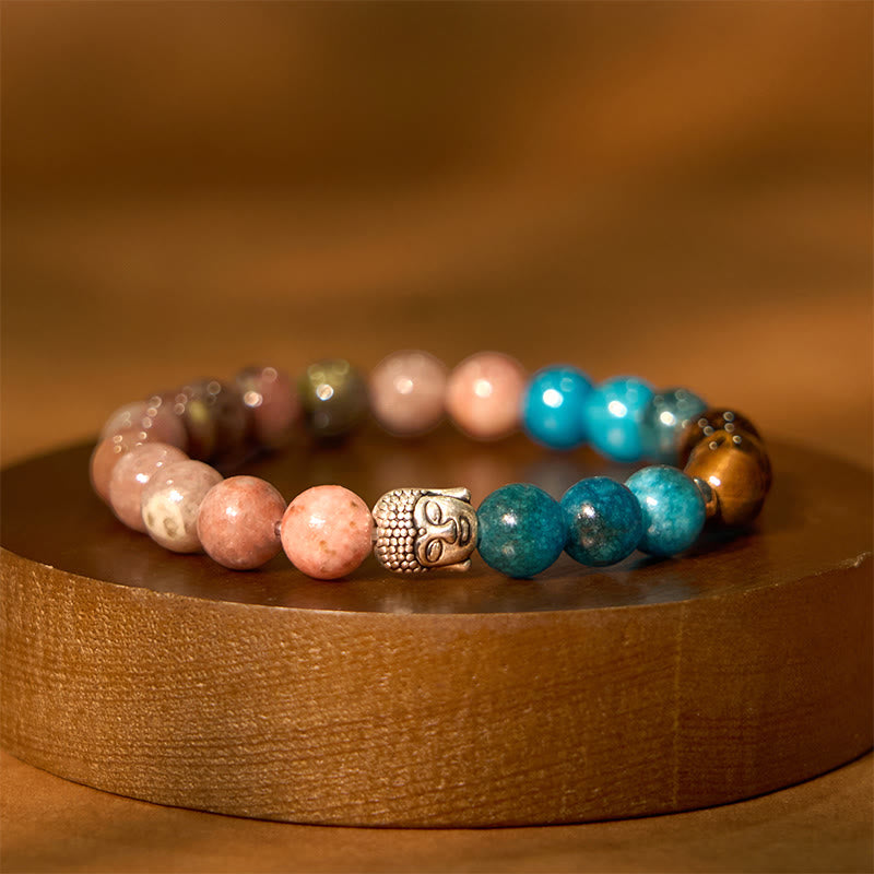 Buddha Stones天然ブラックオニキス ホワイトストーン グリーンアベンチュリン タイガーアイアゲート ミックスカラー 仏陀頭守護ブレスレット