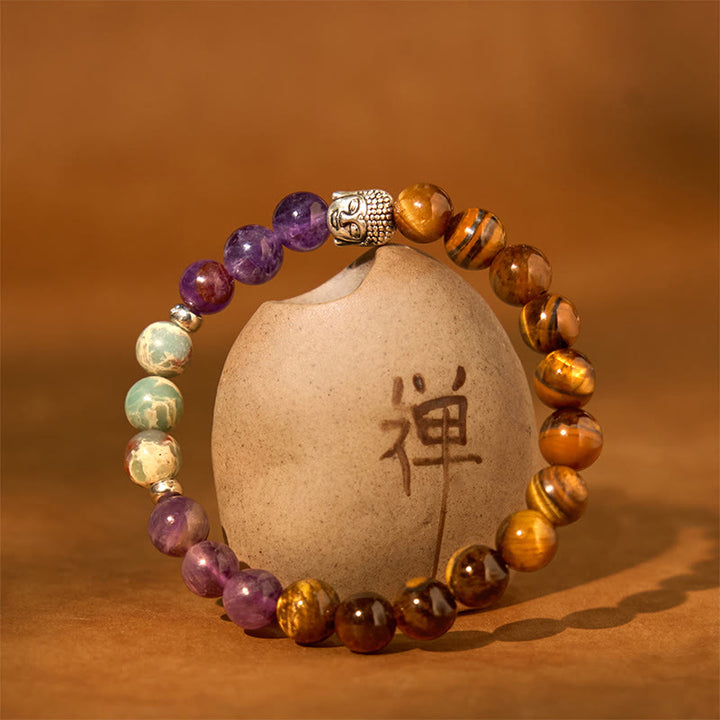 Buddha Stones天然ブラックオニキス ホワイトストーン グリーンアベンチュリン タイガーアイアゲート ミックスカラー 仏陀頭守護ブレスレット