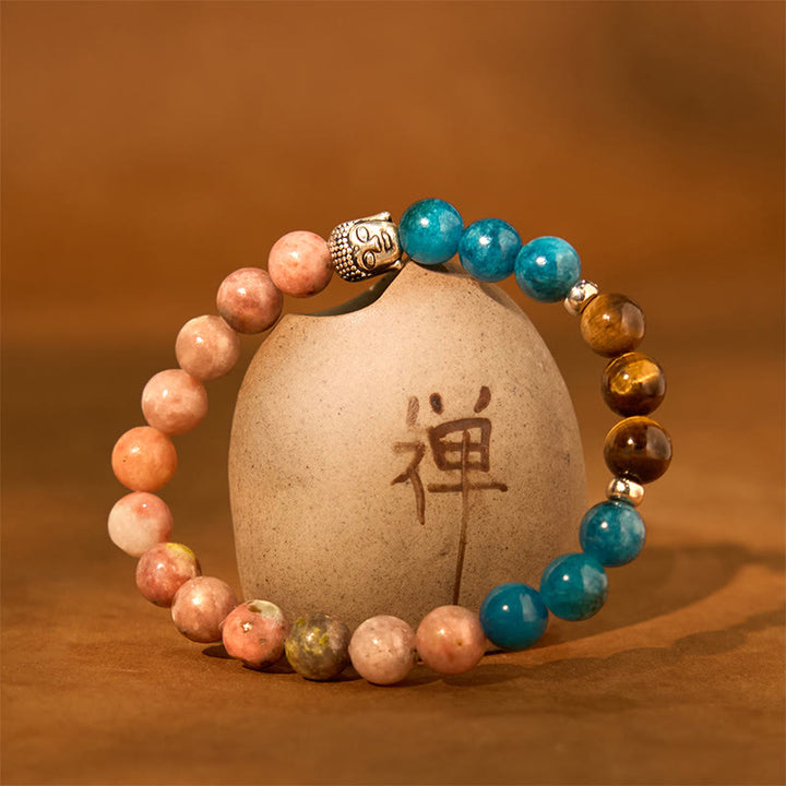 Buddha Stones天然ブラックオニキス ホワイトストーン グリーンアベンチュリン タイガーアイアゲート ミックスカラー 仏陀頭守護ブレスレット