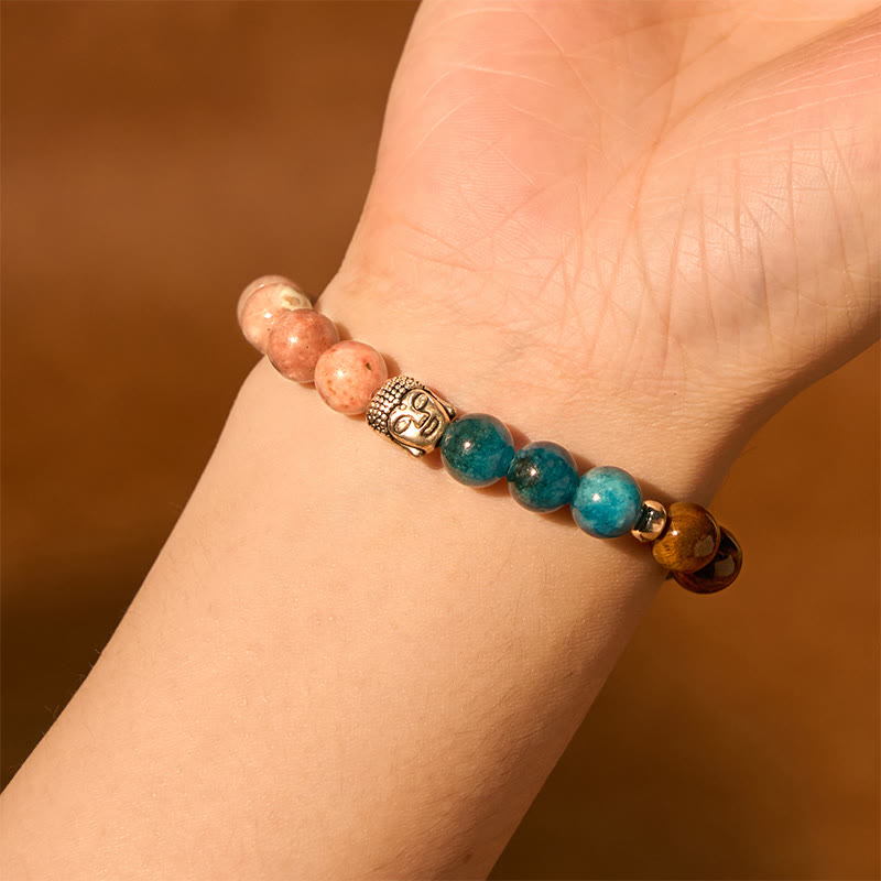 Buddha Stones天然ブラックオニキス ホワイトストーン グリーンアベンチュリン タイガーアイアゲート ミックスカラー 仏陀頭守護ブレスレット