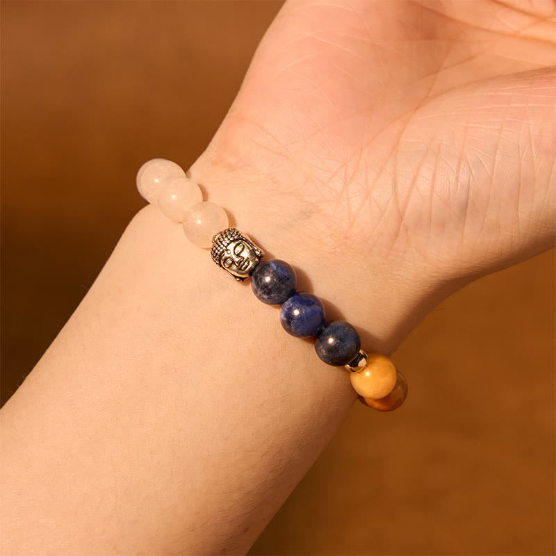 Buddha Stones天然ブラックオニキス ホワイトストーン グリーンアベンチュリン タイガーアイアゲート ミックスカラー 仏陀頭守護ブレスレット