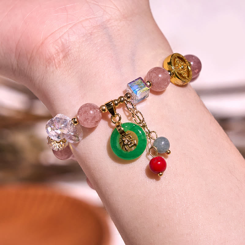 Buddha Stones ストロベリークォーツ&翡翠 福チャーム付き ヒーリングブレスレット
