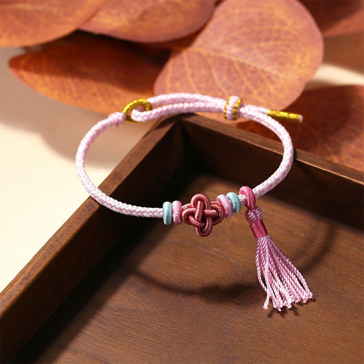 Buddha Stonesカラフル紐 桃の花結び タッセル 守護ブレスレット