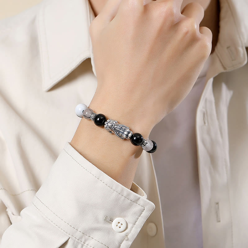 Buddha StonesPi Xiu 六つの真実の言葉 999 スターリングシルバー ブラックオブシディアン ホワイトターコイズ クリソベリル幸運ブレスレット - image 4