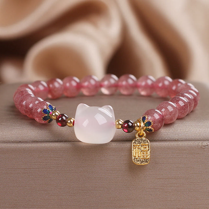 Buddha Stones ストロベリークォーツ×白翡翠 猫モチーフ 福チャーム 癒しのヒーリングブレスレット - ストロベリークォーツ ホワイトジェイド(手首周り:14~16cm) - image 1