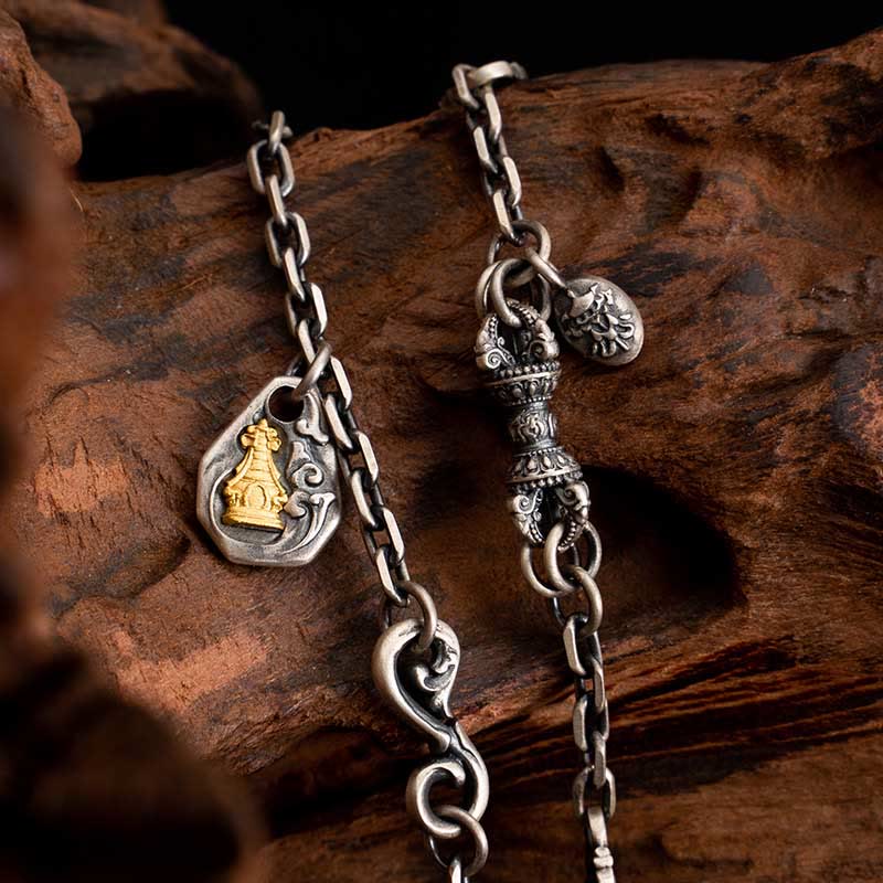 Buddha Stones925 スターリングシルバー チベットホワイト ザキラム 富の女神 ヴァジュラ ドルジェ 祝福 メタルチェーンネックレス