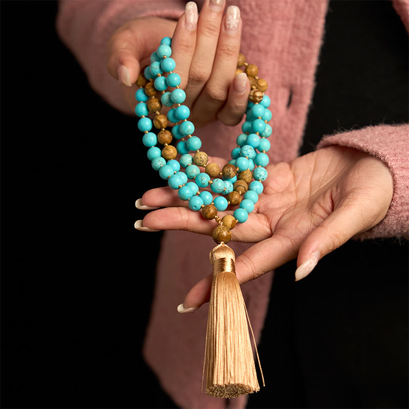 Buddha Stones 108Malaビーズ ターコイズ ピクチャージャスパービーズ タッセル バランスブレスレット