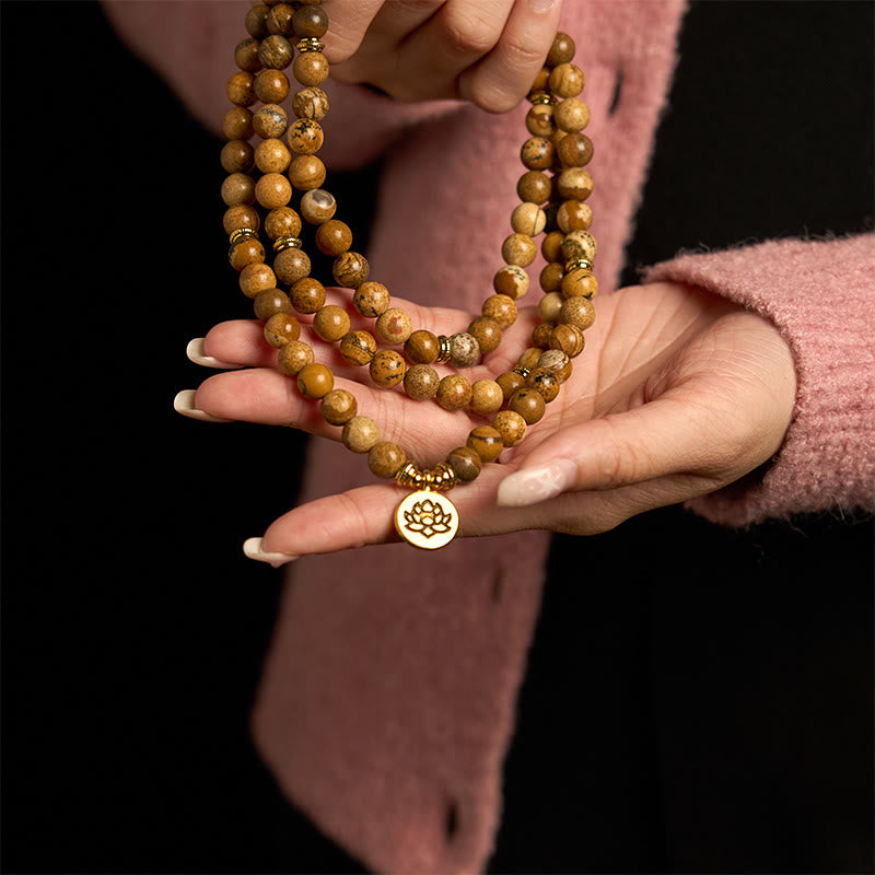 Buddha Stones108 ビーズ ピクチャージャスパーMalaロータス 勇気ブレスレット