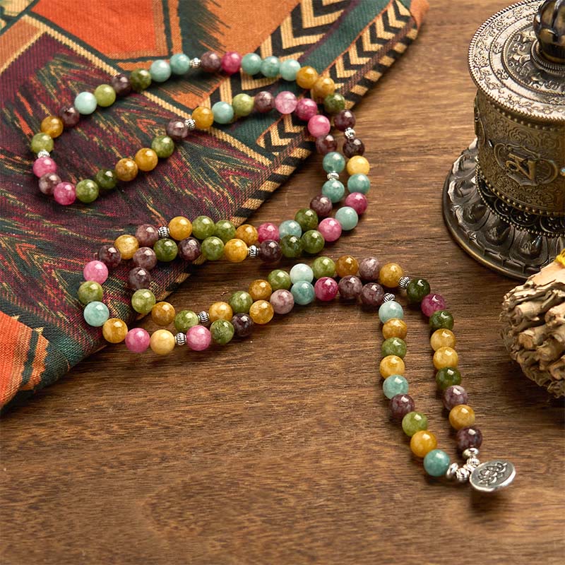 Buddha Stones 108 個入りMalaビーズ 多層天然トルマリン 蓮の知恵ブレスレット