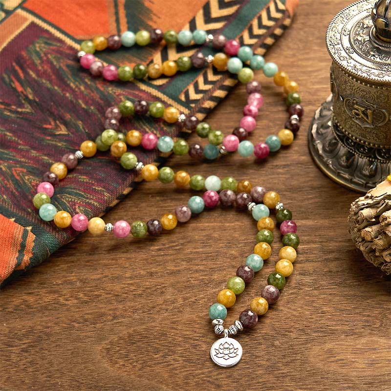 Buddha Stones 108 個入りMalaビーズ 多層天然トルマリン 蓮の知恵ブレスレット