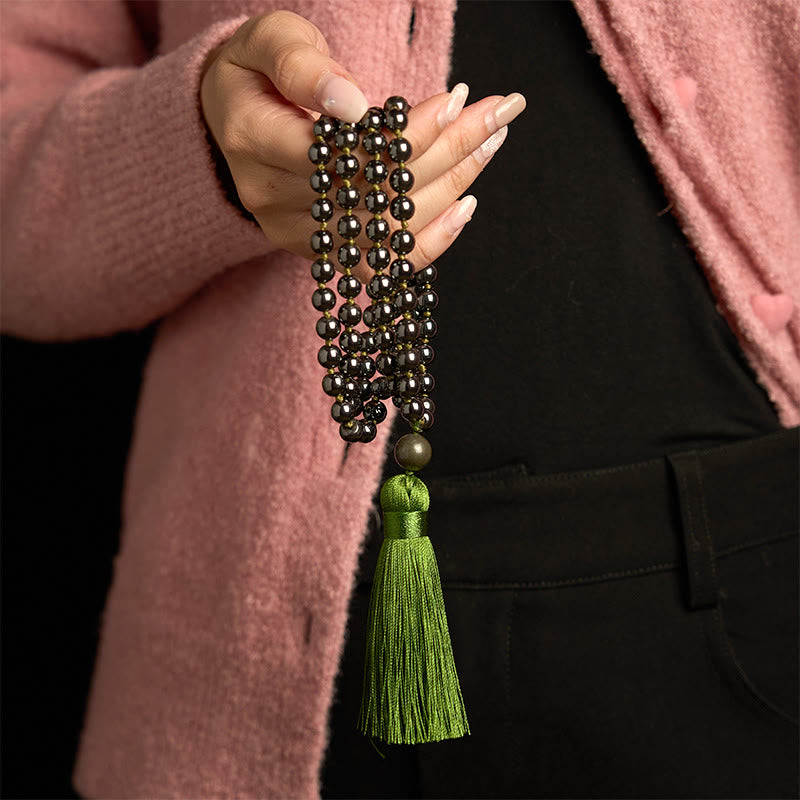 Buddha Stones 108Malaビーズ 天然石 ヘマタイト タッセル パワフルブレスレット