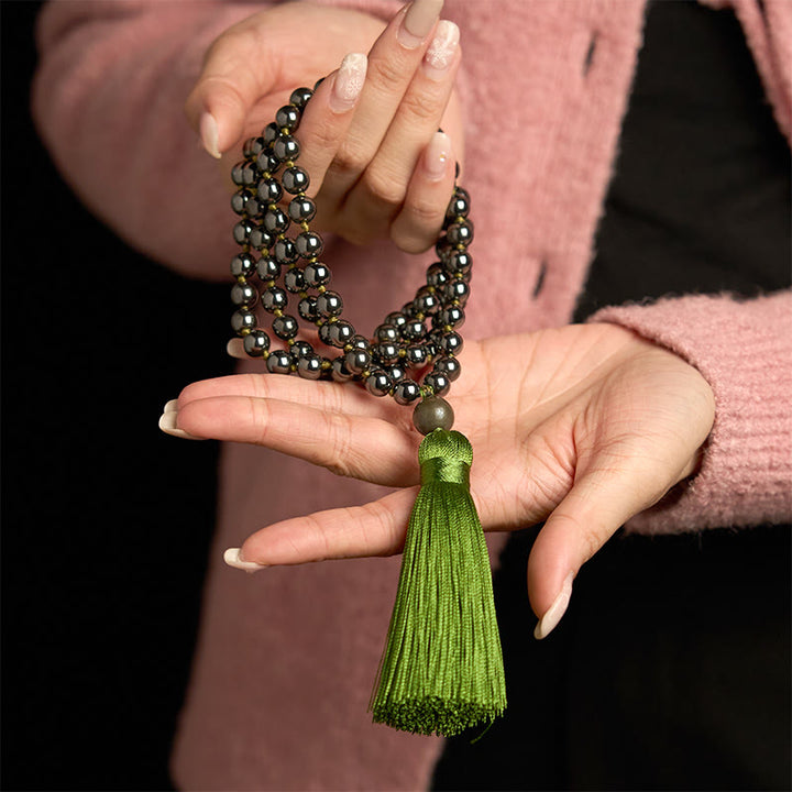 Buddha Stones 108Malaビーズ 天然石 ヘマタイト タッセル パワフルブレスレット