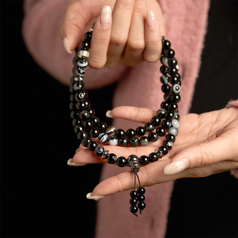 Buddha Stones 108Malaビーズ 天然石 ブラックオニキス 守護ブレスレット