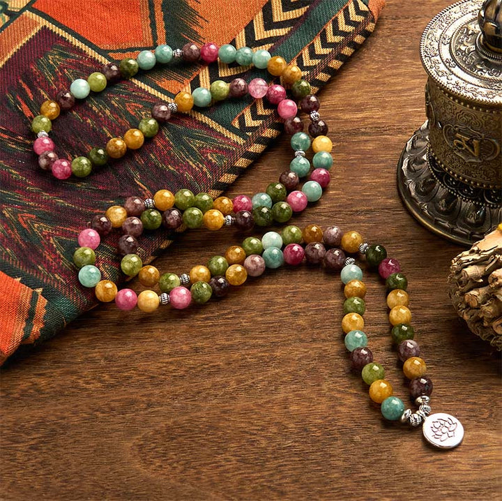 Buddha Stones 108 個入りMalaビーズ 多層天然トルマリン 蓮の知恵ブレスレット
