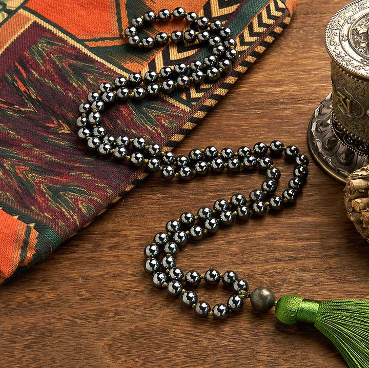 Buddha Stones 108Malaビーズ 天然石 ヘマタイト タッセル パワフルブレスレット