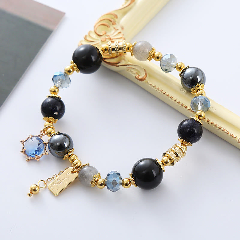 Buddha Stones天然黒曜石 ヘマタイト ブルーサンドストーン 強度ブレスレット