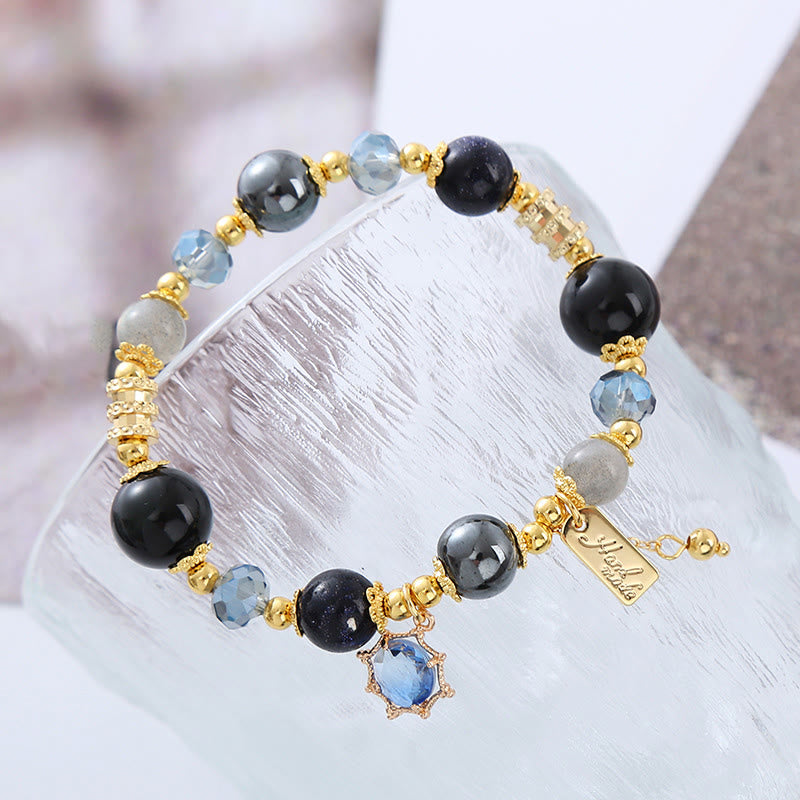 Buddha Stones天然黒曜石 ヘマタイト ブルーサンドストーン 強度ブレスレット