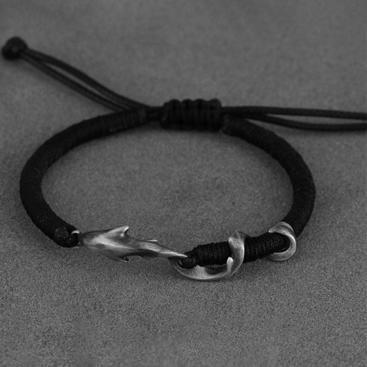 Buddha Stones999スターリングシルバー シャーク ブラックワックスロープ守護ブレスレット - image 1