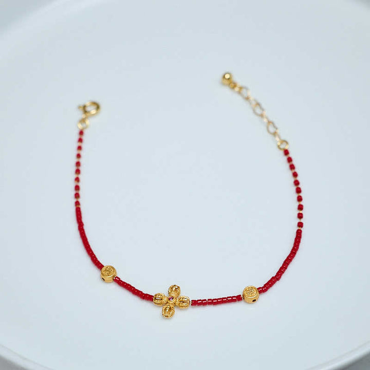 Buddha Stones24Kゴールドメッキ 925スターリングシルバー 劉里ガラスビーズ 貔貅 四つ葉のクローバー 喜びと幸福 富のブレスレット