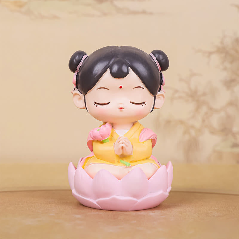 Buddha Stones瞑想観音蓮華座の少年少女樹脂像ハーモニーホームデコレーション