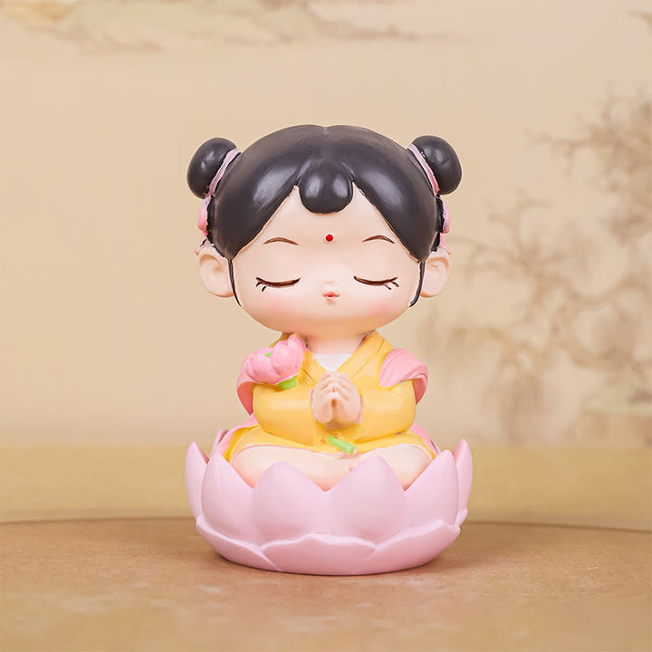 Buddha Stones瞑想観音蓮華座の少年少女樹脂像ハーモニーホームデコレーション