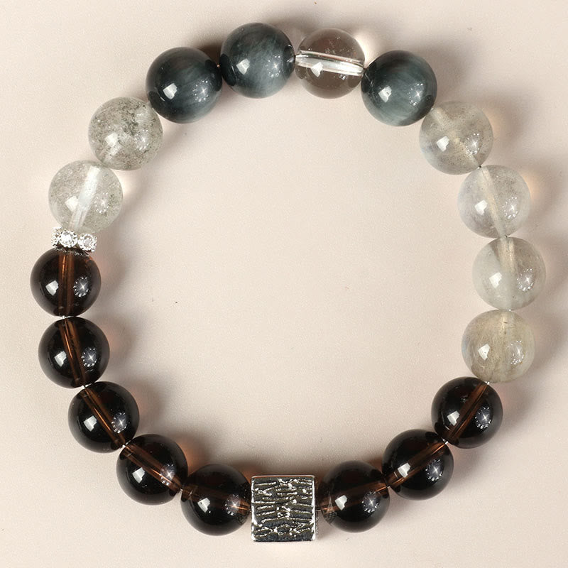 Buddha Stonesブラックオブシディアン ブラックルチルクォーツ ムーンストーン キューブ パワーブレスレット