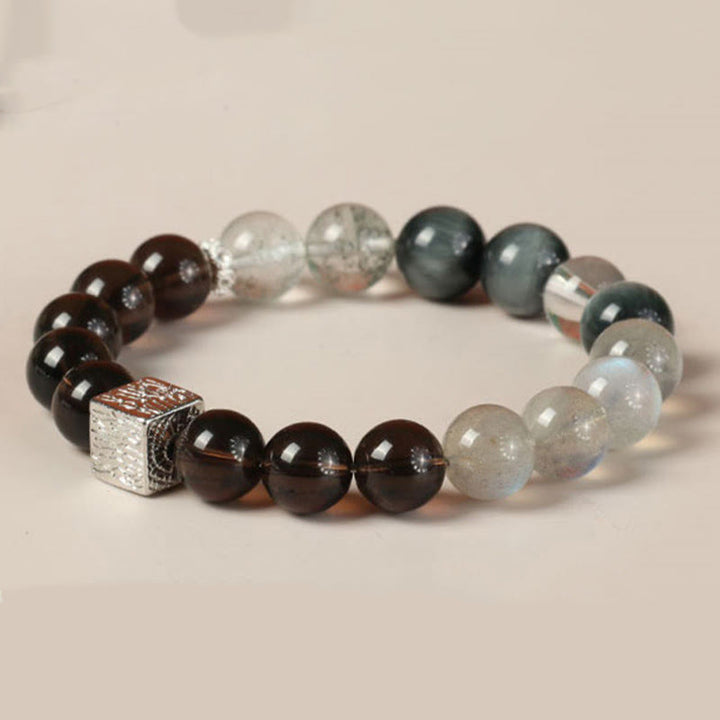 Buddha Stonesブラックオブシディアン ブラックルチルクォーツ ムーンストーン キューブ パワーブレスレット