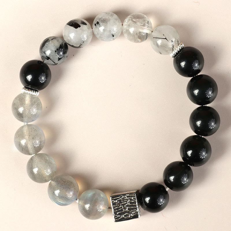 Buddha Stonesブラックオブシディアン ブラックルチルクォーツ ムーンストーン キューブ パワーブレスレット