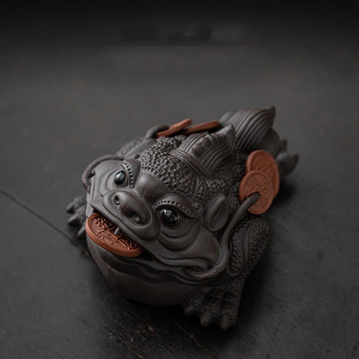 Buddha Stones風水 カエル ヒキガエル 銅貨 陶器 紫粘土 富 家庭用 ティーペット 置物 装飾
