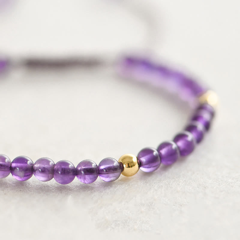 Buddha Stones 4mm ハンドメイド 天然アメジスト 14K ゴールドメッキ 銅ビーズ 編み紐 ストレス解消ブレスレット