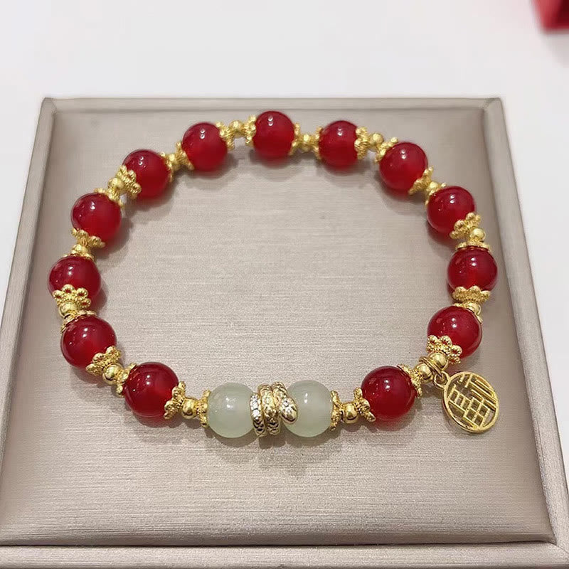 Buddha Stones赤瑪瑙 翡翠 福文字 蛇年 穏やかブレスレット