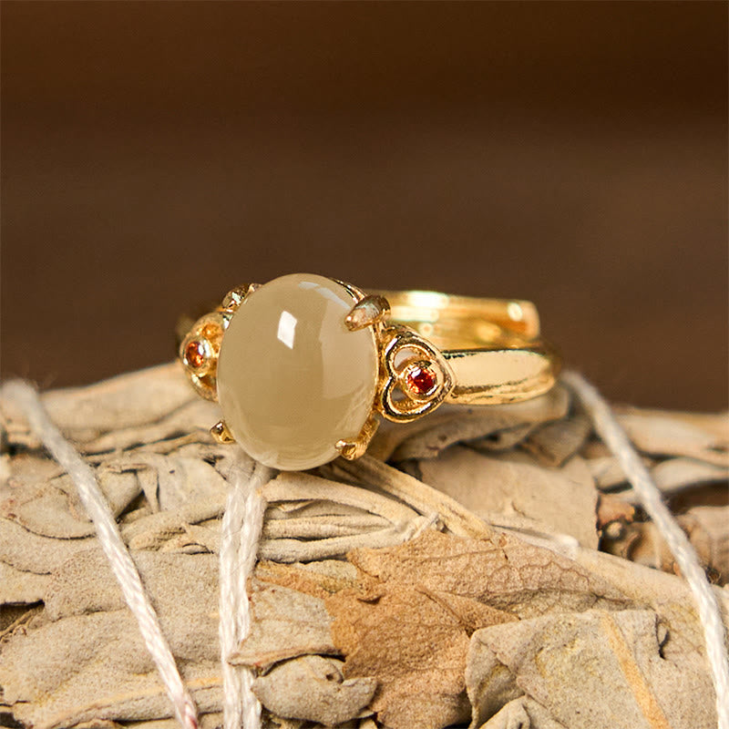 Buddha Stones天然和田翡翠卵型ハート型銅製幸運オープンリング - image 1