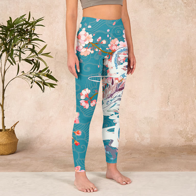 Buddha Stonesと龍、桜のプリントジムレギンス、レディースヨガパンツ - image 4