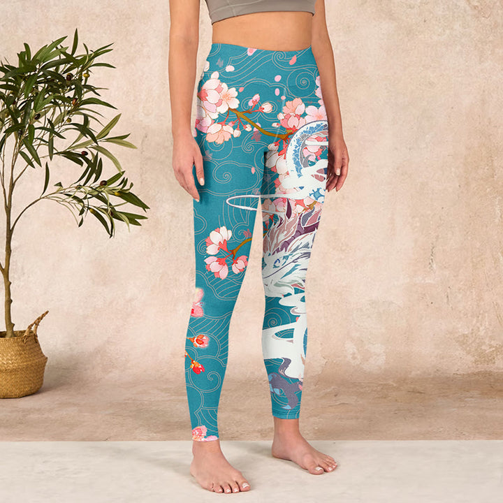 Buddha Stonesと龍、桜のプリントジムレギンス、レディースヨガパンツ - image 4