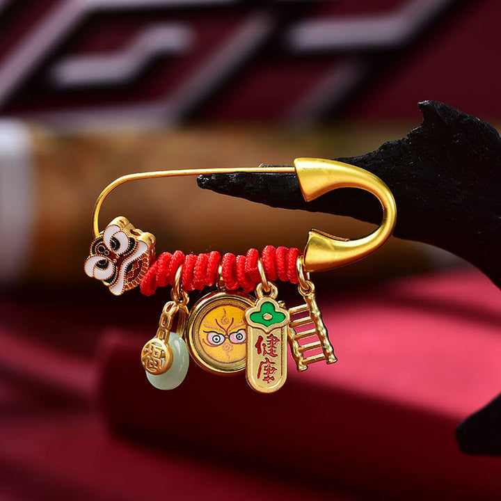 Buddha Stonesの踊る獅子 翡翠 平和バックル 福の字 安全と幸福 銅製 幸運のブローチ